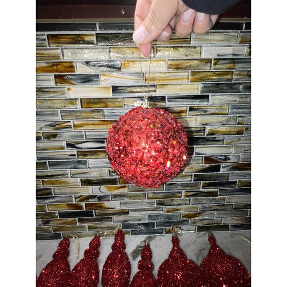 16 Red Dipped Glitter Christmas Tree Bulb Finials Ornaments Holiday Decor - Picture 7 of 9
